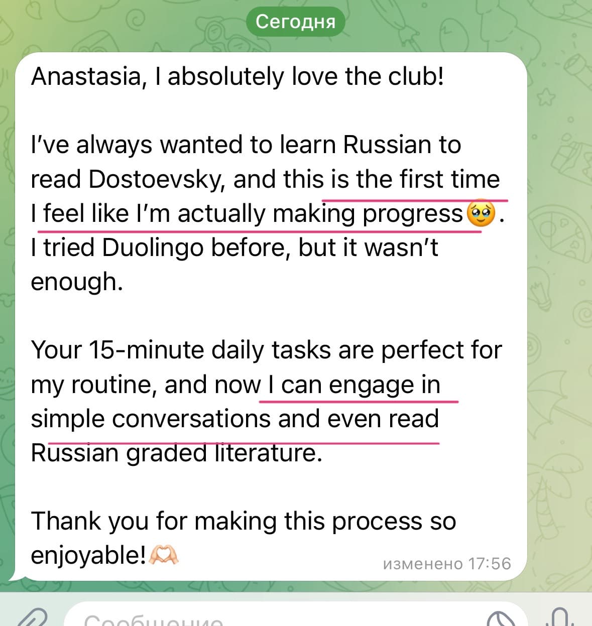 Telegram review from Emily